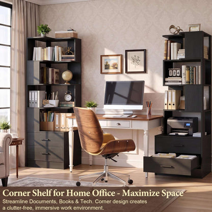 4-Drawer 7-Tier Corner Bookshelf, L-Shaped Small Corner Shelf Storage Bookcase, Freestanding Corner Storage Rack for Small Spaces, Living Room, Home Office, Bedroom
