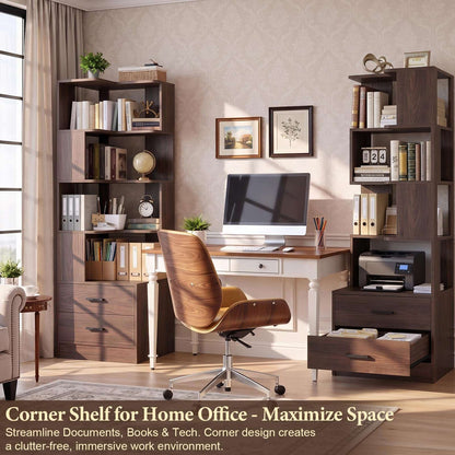 4-Drawer 7-Tier Corner Bookshelf, L-Shaped Small Corner Shelf Storage Bookcase, Freestanding Corner Storage Rack for Small Spaces, Living Room, Home Office, Bedroom