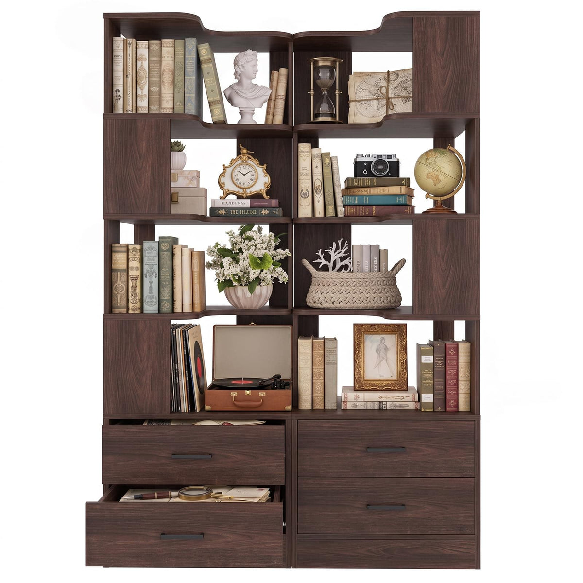 4-Drawer 7-Tier Corner Bookshelf, L-Shaped Small Corner Shelf Storage Bookcase, Freestanding Corner Storage Rack for Small Spaces, Living Room, Home Office, Bedroom