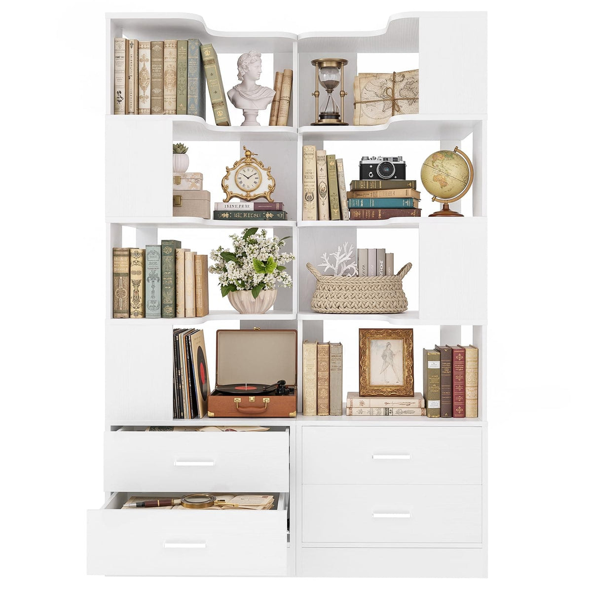 4-Drawer 7-Tier Corner Bookshelf, L-Shaped Small Corner Shelf Storage Bookcase, Freestanding Corner Storage Rack for Small Spaces, Living Room, Home Office, Bedroom