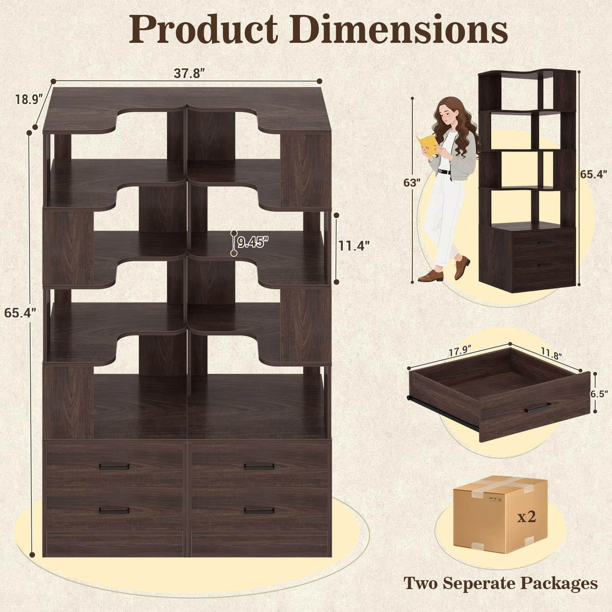 4-Drawer 7-Tier Corner Bookshelf, L-Shaped Small Corner Shelf Storage Bookcase, Freestanding Corner Storage Rack for Small Spaces, Living Room, Home Office, Bedroom