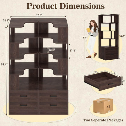 4-Drawer 7-Tier Corner Bookshelf, L-Shaped Small Corner Shelf Storage Bookcase, Freestanding Corner Storage Rack for Small Spaces, Living Room, Home Office, Bedroom