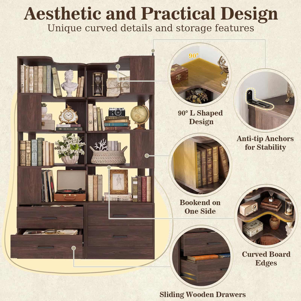 4-Drawer 7-Tier Corner Bookshelf, L-Shaped Small Corner Shelf Storage Bookcase, Freestanding Corner Storage Rack for Small Spaces, Living Room, Home Office, Bedroom