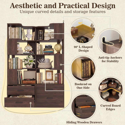 4-Drawer 7-Tier Corner Bookshelf, L-Shaped Small Corner Shelf Storage Bookcase, Freestanding Corner Storage Rack for Small Spaces, Living Room, Home Office, Bedroom