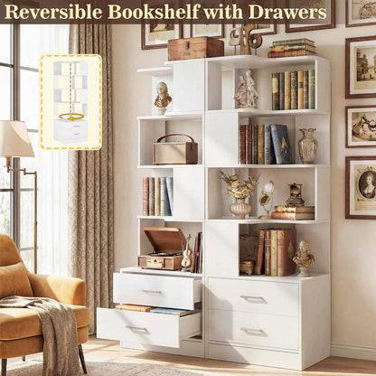 4-Drawer 7-Tier Corner Bookshelf, L-Shaped Small Corner Shelf Storage Bookcase, Freestanding Corner Storage Rack for Small Spaces, Living Room, Home Office, Bedroom