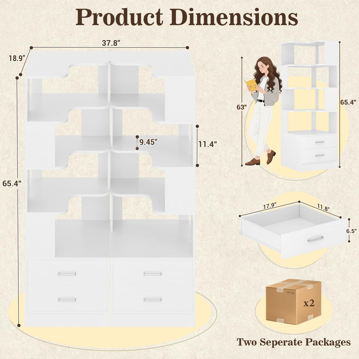 4-Drawer 7-Tier Corner Bookshelf, L-Shaped Small Corner Shelf Storage Bookcase, Freestanding Corner Storage Rack for Small Spaces, Living Room, Home Office, Bedroom