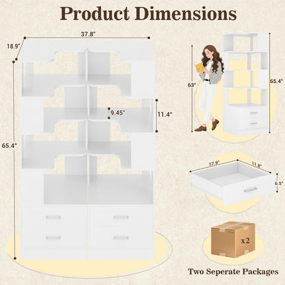 4-Drawer 7-Tier Corner Bookshelf, L-Shaped Small Corner Shelf Storage Bookcase, Freestanding Corner Storage Rack for Small Spaces, Living Room, Home Office, Bedroom