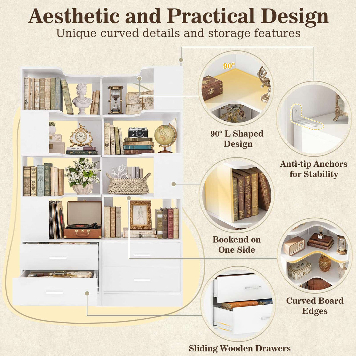 4-Drawer 7-Tier Corner Bookshelf, L-Shaped Small Corner Shelf Storage Bookcase, Freestanding Corner Storage Rack for Small Spaces, Living Room, Home Office, Bedroom