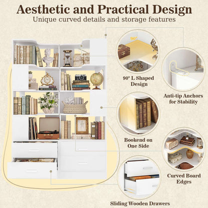 4-Drawer 7-Tier Corner Bookshelf, L-Shaped Small Corner Shelf Storage Bookcase, Freestanding Corner Storage Rack for Small Spaces, Living Room, Home Office, Bedroom