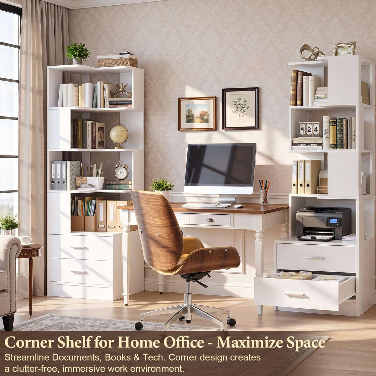 4-Drawer 7-Tier Corner Bookshelf, L-Shaped Small Corner Shelf Storage Bookcase, Freestanding Corner Storage Rack for Small Spaces, Living Room, Home Office, Bedroom