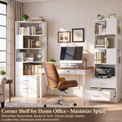 4-Drawer 7-Tier Corner Bookshelf, L-Shaped Small Corner Shelf Storage Bookcase, Freestanding Corner Storage Rack for Small Spaces, Living Room, Home Office, Bedroom