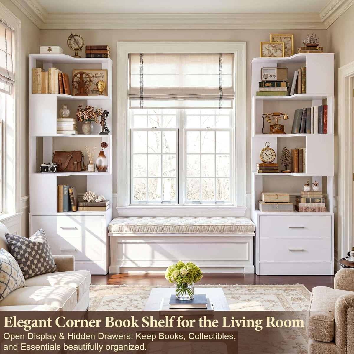 4-Drawer 7-Tier Corner Bookshelf, L-Shaped Small Corner Shelf Storage Bookcase, Freestanding Corner Storage Rack for Small Spaces, Living Room, Home Office, Bedroom