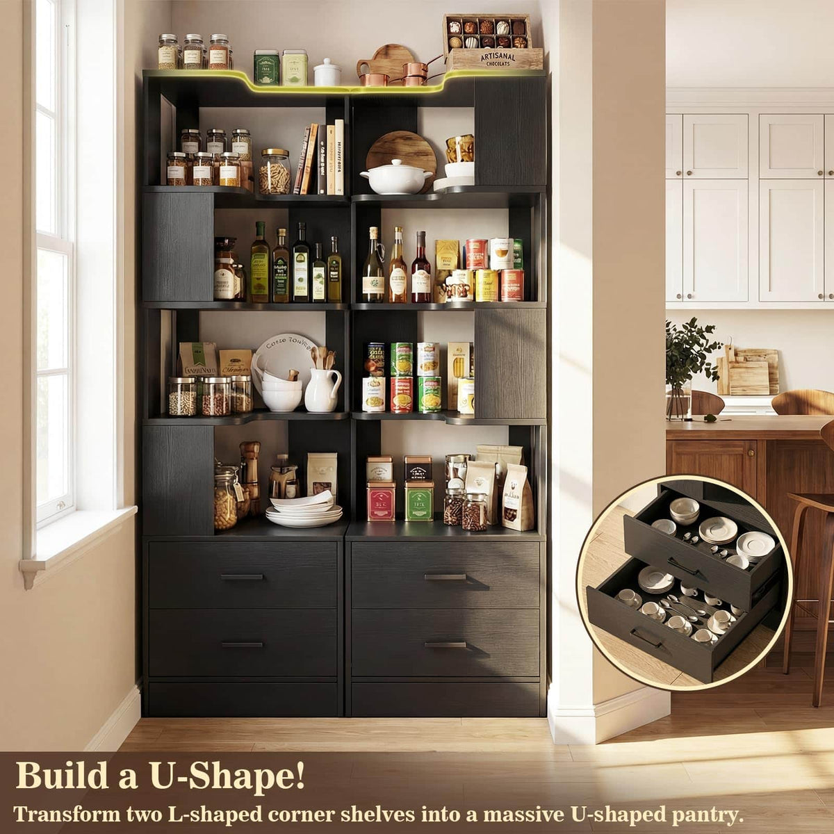 4-Drawer 7-Tier Corner Bookshelf, L-Shaped Small Corner Shelf Storage Bookcase, Freestanding Corner Storage Rack for Small Spaces, Living Room, Home Office, Bedroom