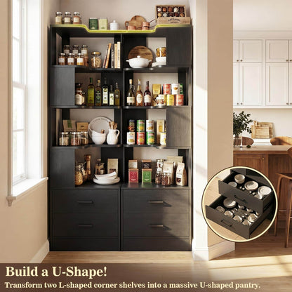 4-Drawer 7-Tier Corner Bookshelf, L-Shaped Small Corner Shelf Storage Bookcase, Freestanding Corner Storage Rack for Small Spaces, Living Room, Home Office, Bedroom