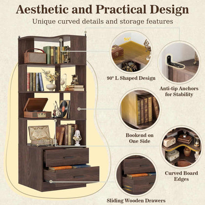 7-Tier L-Shaped Corner Bookshelf (5 Open Shelves + 2 Drawers), Freestanding Corner Storage Bookcase for Small Spaces, Living Room, Bedroom, Home Office