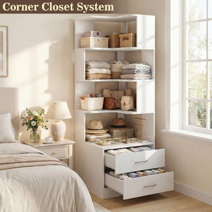 7-Tier L-Shaped Corner Bookshelf (5 Open Shelves + 2 Drawers), Freestanding Corner Storage Bookcase for Small Spaces, Living Room, Bedroom, Home Office
