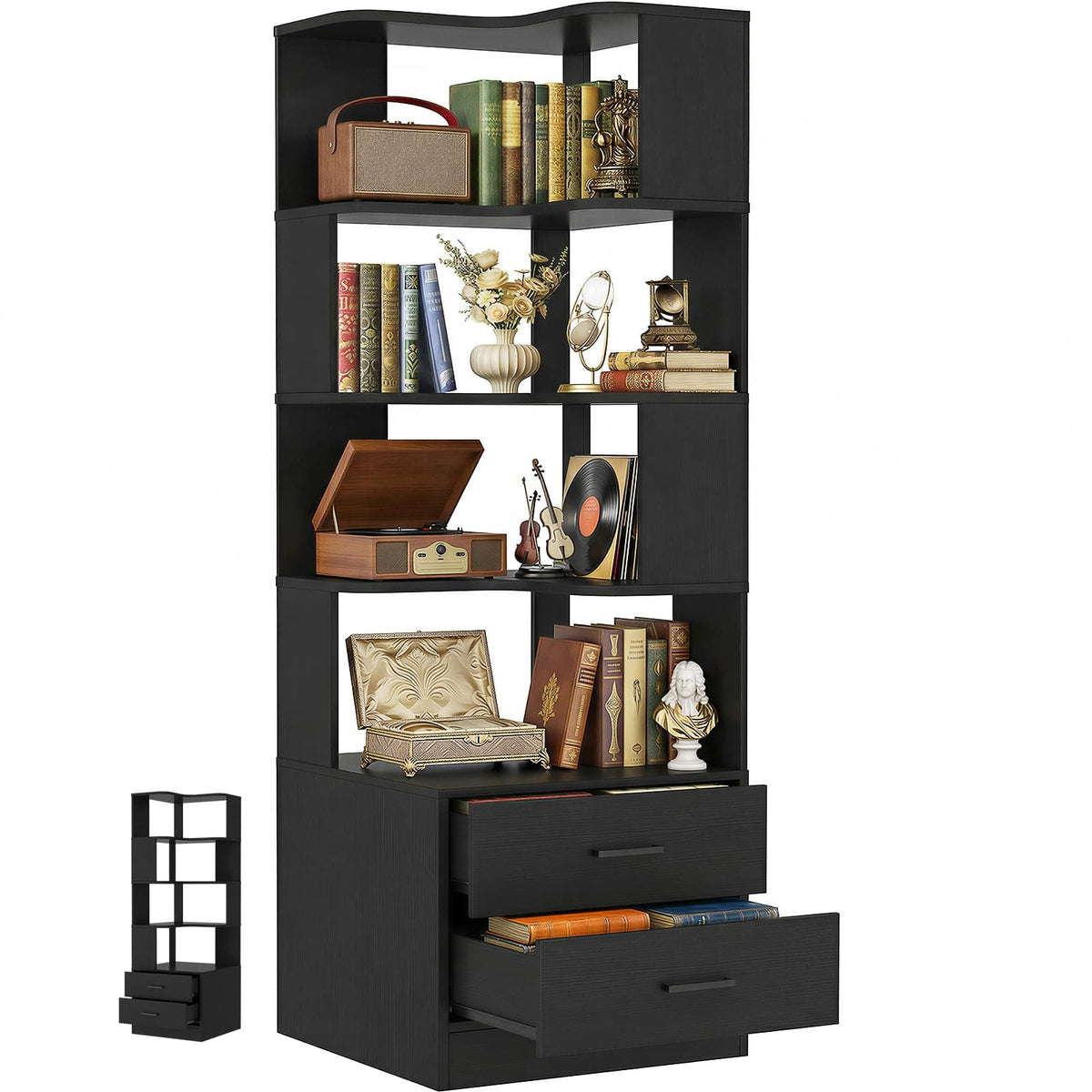 7-Tier L-Shaped Corner Bookshelf (5 Open Shelves + 2 Drawers), Freestanding Corner Storage Bookcase for Small Spaces, Living Room, Bedroom, Home Office