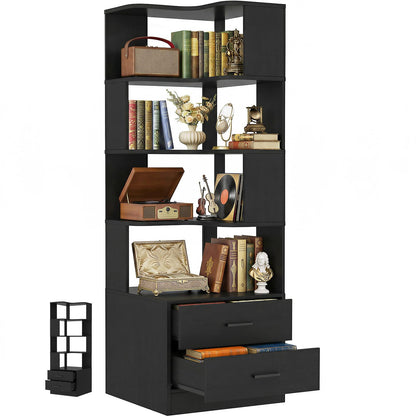 7-Tier L-Shaped Corner Bookshelf (5 Open Shelves + 2 Drawers), Freestanding Corner Storage Bookcase for Small Spaces, Living Room, Bedroom, Home Office