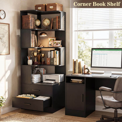 7-Tier L-Shaped Corner Bookshelf (5 Open Shelves + 2 Drawers), Freestanding Corner Storage Bookcase for Small Spaces, Living Room, Bedroom, Home Office