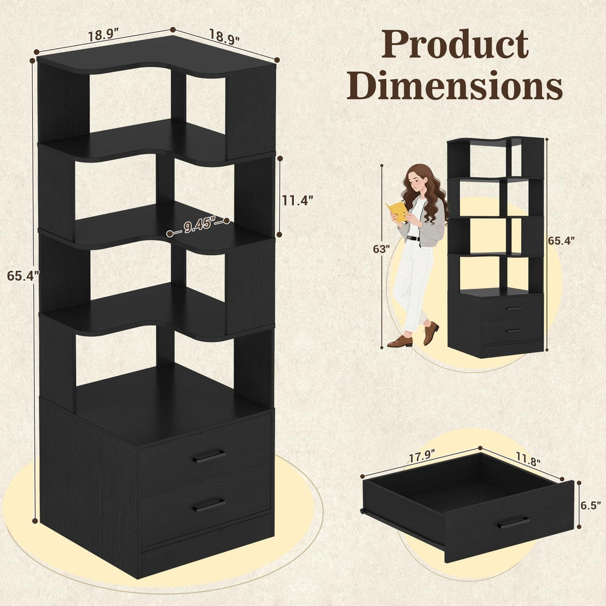 7-Tier L-Shaped Corner Bookshelf (5 Open Shelves + 2 Drawers), Freestanding Corner Storage Bookcase for Small Spaces, Living Room, Bedroom, Home Office