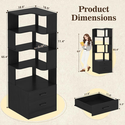 7-Tier L-Shaped Corner Bookshelf (5 Open Shelves + 2 Drawers), Freestanding Corner Storage Bookcase for Small Spaces, Living Room, Bedroom, Home Office