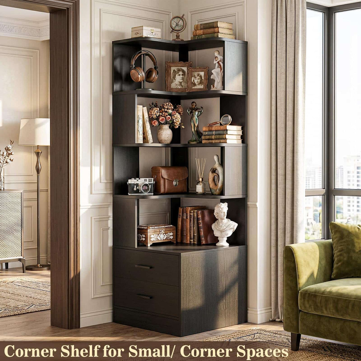 7-Tier L-Shaped Corner Bookshelf (5 Open Shelves + 2 Drawers), Freestanding Corner Storage Bookcase for Small Spaces, Living Room, Bedroom, Home Office