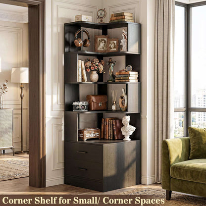 7-Tier L-Shaped Corner Bookshelf (5 Open Shelves + 2 Drawers), Freestanding Corner Storage Bookcase for Small Spaces, Living Room, Bedroom, Home Office