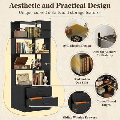 7-Tier L-Shaped Corner Bookshelf (5 Open Shelves + 2 Drawers), Freestanding Corner Storage Bookcase for Small Spaces, Living Room, Bedroom, Home Office