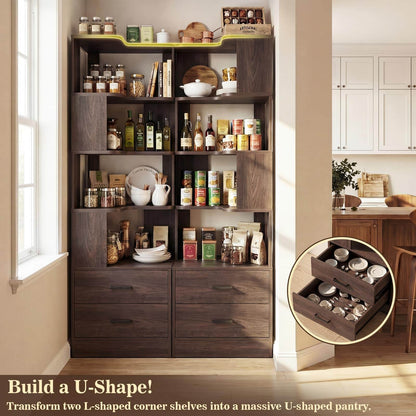 7-Tier L-Shaped Corner Bookshelf (5 Open Shelves + 2 Drawers), Freestanding Corner Storage Bookcase for Small Spaces, Living Room, Bedroom, Home Office