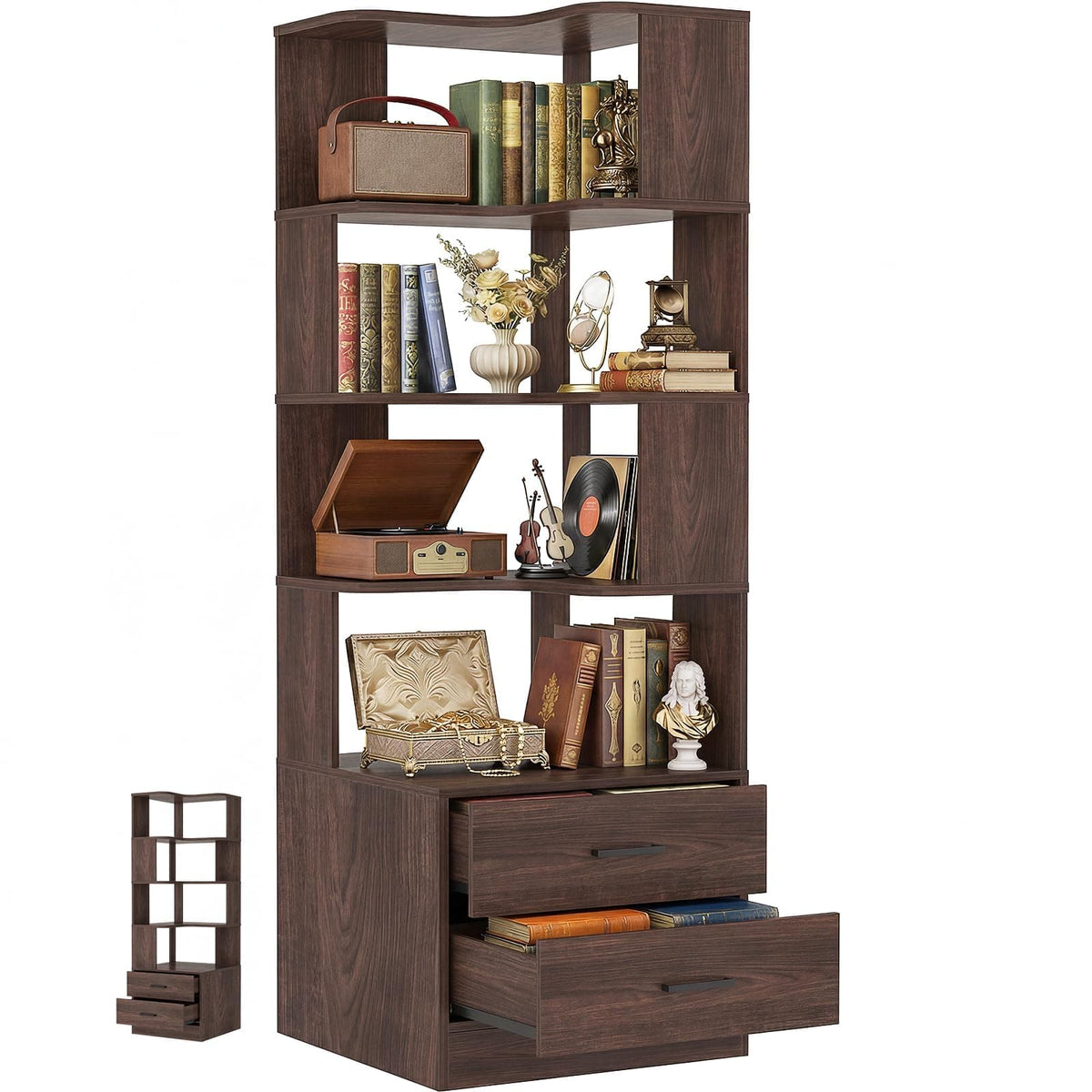 7-Tier L-Shaped Corner Bookshelf (5 Open Shelves + 2 Drawers), Freestanding Corner Storage Bookcase for Small Spaces, Living Room, Bedroom, Home Office