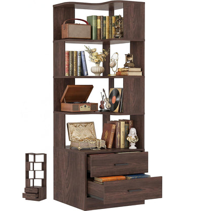 7-Tier L-Shaped Corner Bookshelf (5 Open Shelves + 2 Drawers), Freestanding Corner Storage Bookcase for Small Spaces, Living Room, Bedroom, Home Office