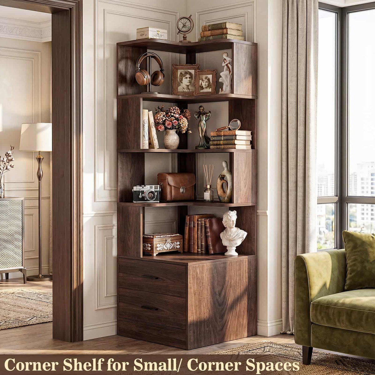 7-Tier L-Shaped Corner Bookshelf (5 Open Shelves + 2 Drawers), Freestanding Corner Storage Bookcase for Small Spaces, Living Room, Bedroom, Home Office