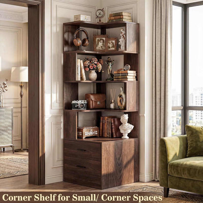 7-Tier L-Shaped Corner Bookshelf (5 Open Shelves + 2 Drawers), Freestanding Corner Storage Bookcase for Small Spaces, Living Room, Bedroom, Home Office