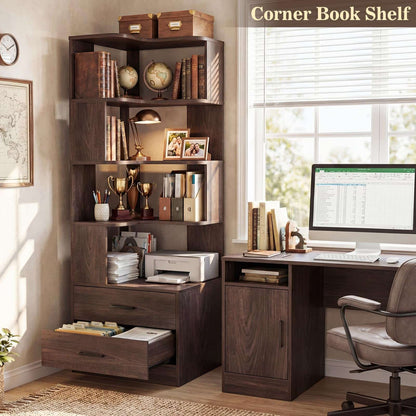 7-Tier L-Shaped Corner Bookshelf (5 Open Shelves + 2 Drawers), Freestanding Corner Storage Bookcase for Small Spaces, Living Room, Bedroom, Home Office