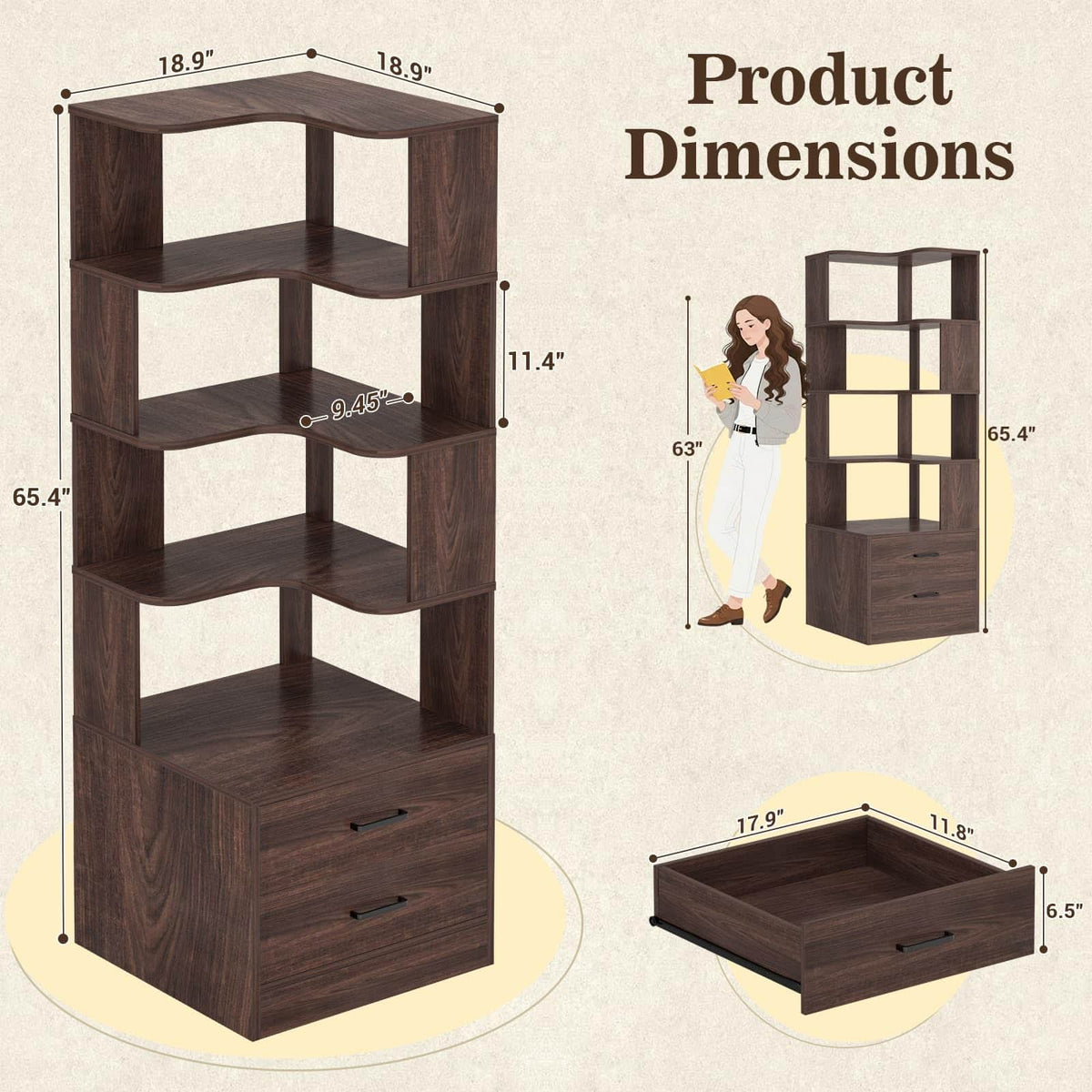 7-Tier L-Shaped Corner Bookshelf (5 Open Shelves + 2 Drawers), Freestanding Corner Storage Bookcase for Small Spaces, Living Room, Bedroom, Home Office