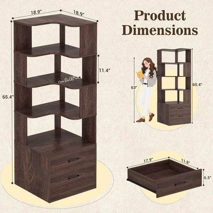 7-Tier L-Shaped Corner Bookshelf (5 Open Shelves + 2 Drawers), Freestanding Corner Storage Bookcase for Small Spaces, Living Room, Bedroom, Home Office