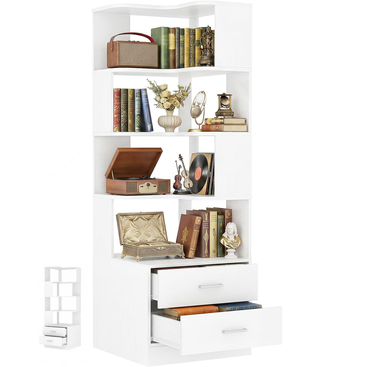 7-Tier L-Shaped Corner Bookshelf (5 Open Shelves + 2 Drawers), Freestanding Corner Storage Bookcase for Small Spaces, Living Room, Bedroom, Home Office