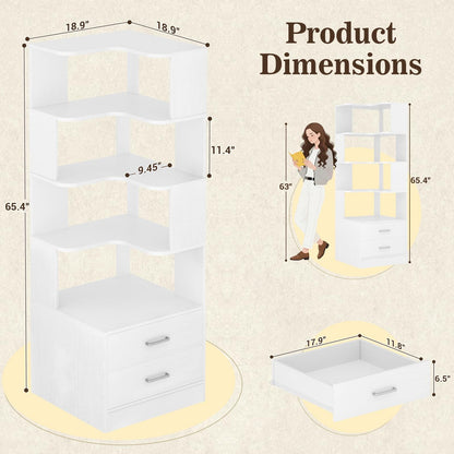 7-Tier L-Shaped Corner Bookshelf (5 Open Shelves + 2 Drawers), Freestanding Corner Storage Bookcase for Small Spaces, Living Room, Bedroom, Home Office