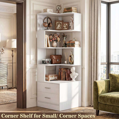 7-Tier L-Shaped Corner Bookshelf (5 Open Shelves + 2 Drawers), Freestanding Corner Storage Bookcase for Small Spaces, Living Room, Bedroom, Home Office