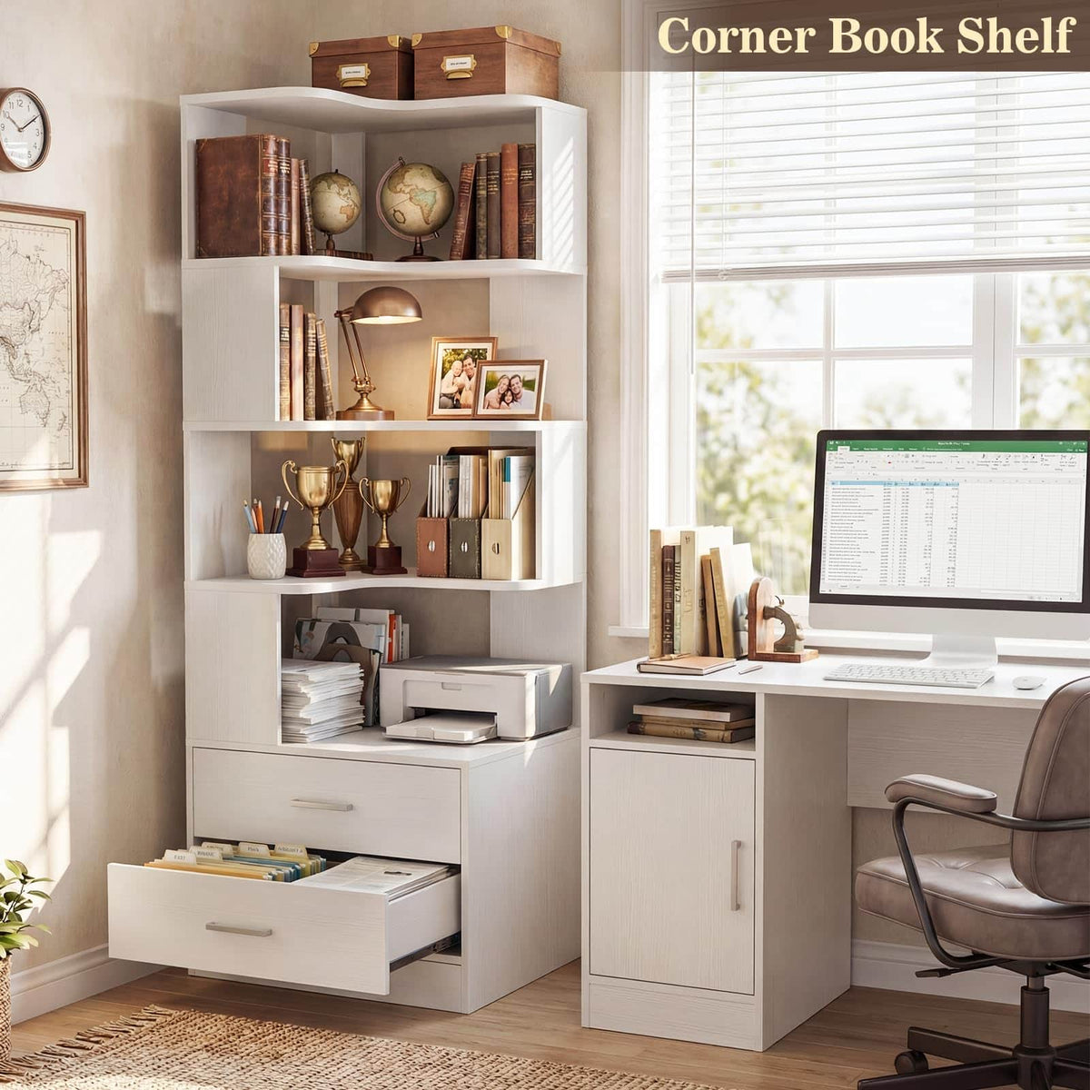 7-Tier L-Shaped Corner Bookshelf (5 Open Shelves + 2 Drawers), Freestanding Corner Storage Bookcase for Small Spaces, Living Room, Bedroom, Home Office