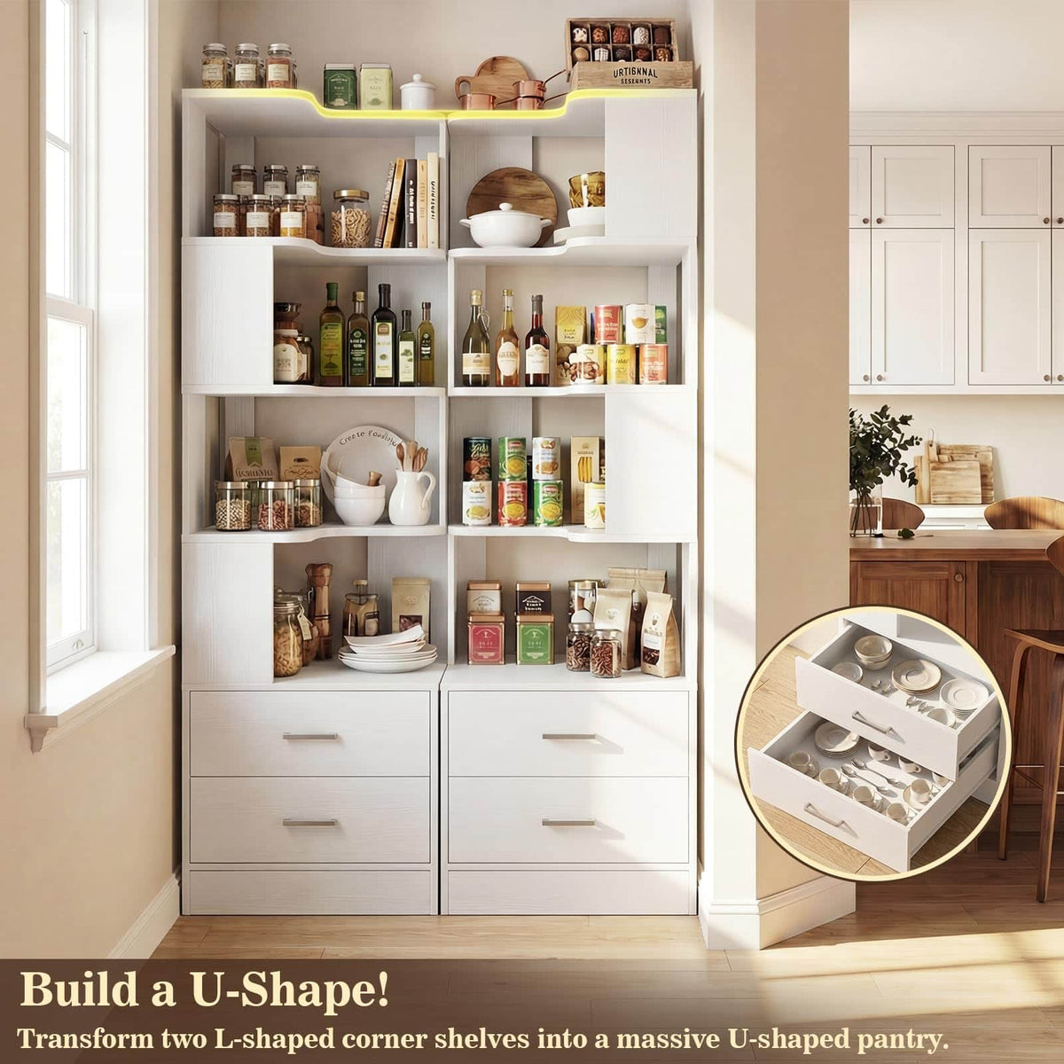 7-Tier L-Shaped Corner Bookshelf (5 Open Shelves + 2 Drawers), Freestanding Corner Storage Bookcase for Small Spaces, Living Room, Bedroom, Home Office