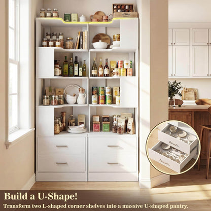 7-Tier L-Shaped Corner Bookshelf (5 Open Shelves + 2 Drawers), Freestanding Corner Storage Bookcase for Small Spaces, Living Room, Bedroom, Home Office
