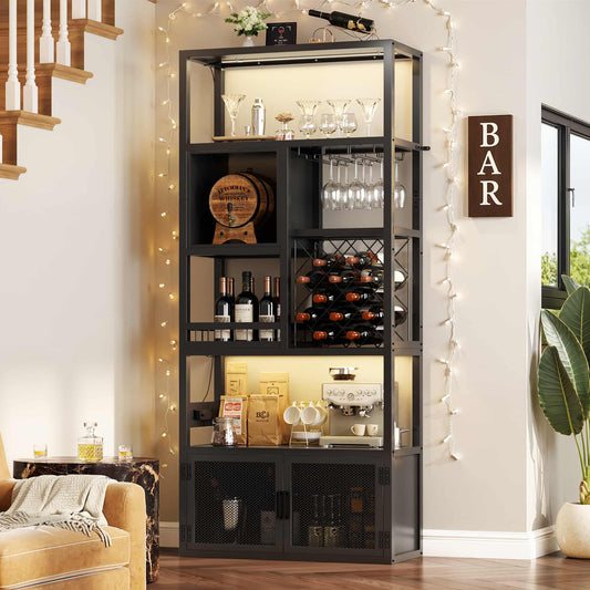 82.6" Tall Wine Bar Cabinet with LED Light and Outlets, 6-Tier Liquor Storage Cabinet with Glass Holder & Wine Rack