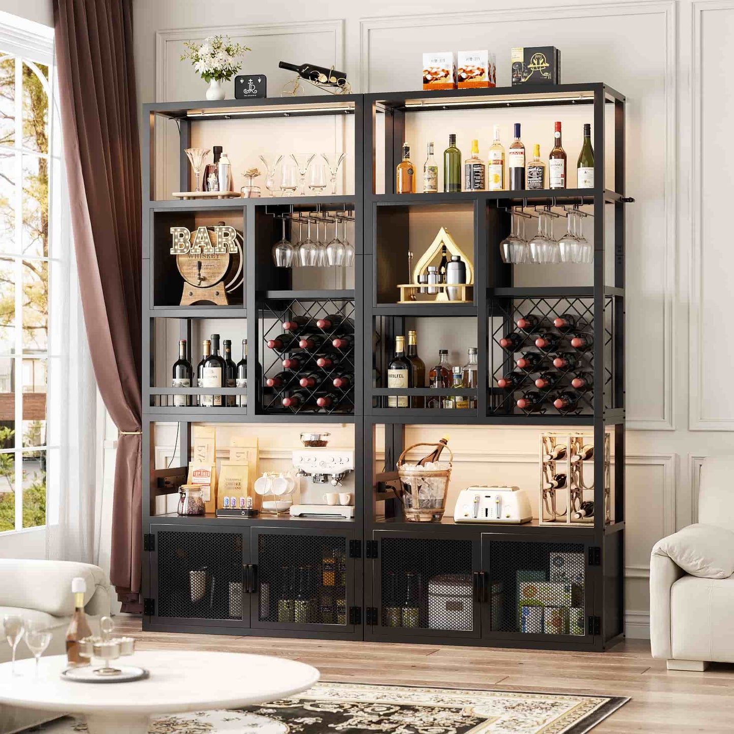 82.6" Tall Wine Bar Cabinet with LED Light and Outlets, 6-Tier Liquor Storage Cabinet with Glass Holder & Wine Rack