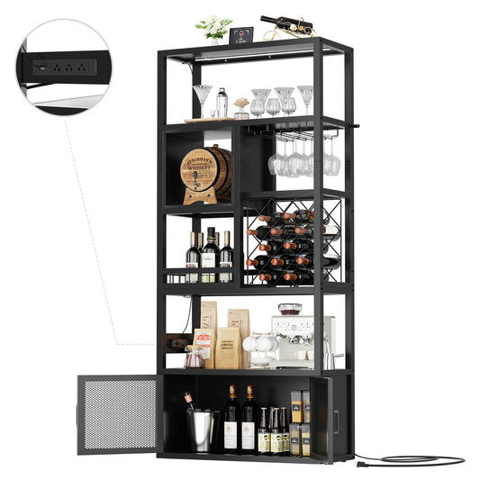 82.6" Tall Wine Bar Cabinet with LED Light and Outlets, 6-Tier Liquor Storage Cabinet with Glass Holder & Wine Rack