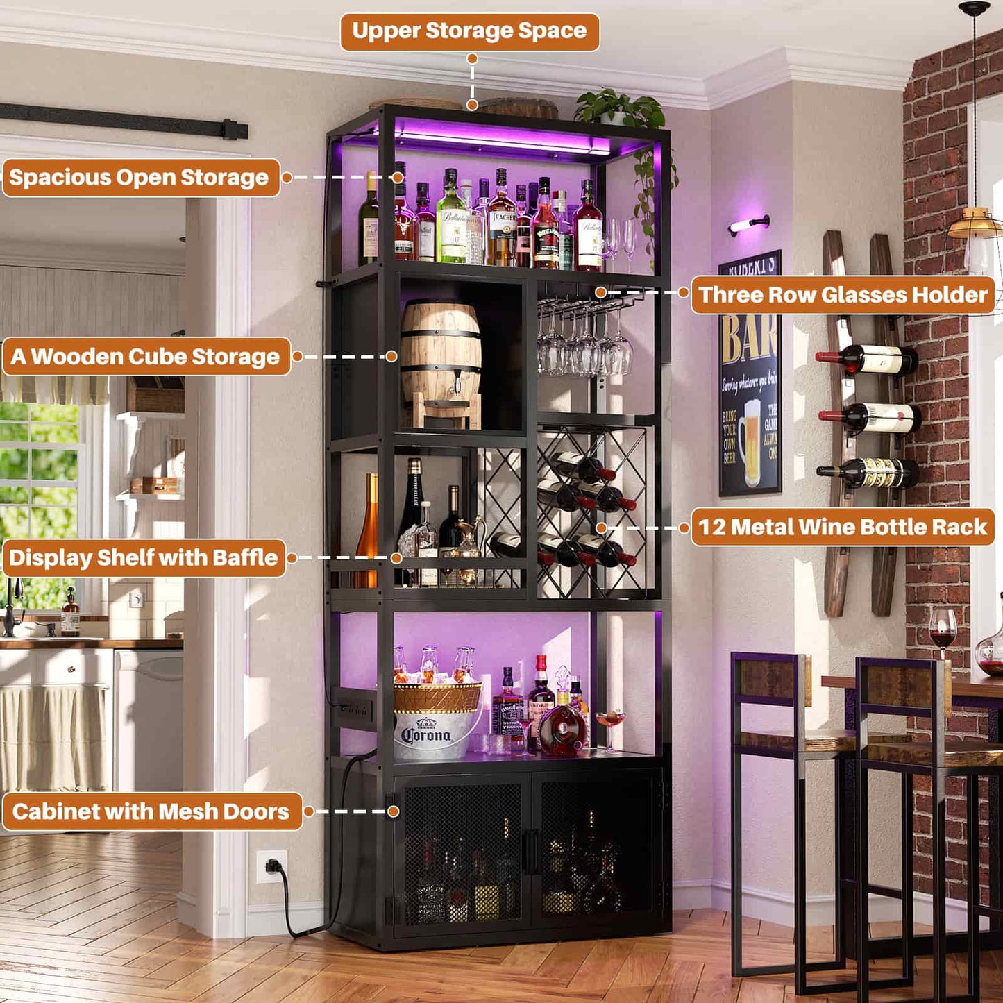 82.6" Tall Wine Bar Cabinet with LED Light and Outlets, 6-Tier Liquor Storage Cabinet with Glass Holder & Wine Rack