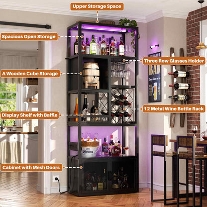 82.6" Tall Wine Bar Cabinet with LED Light and Outlets, 6-Tier Liquor Storage Cabinet with Glass Holder & Wine Rack