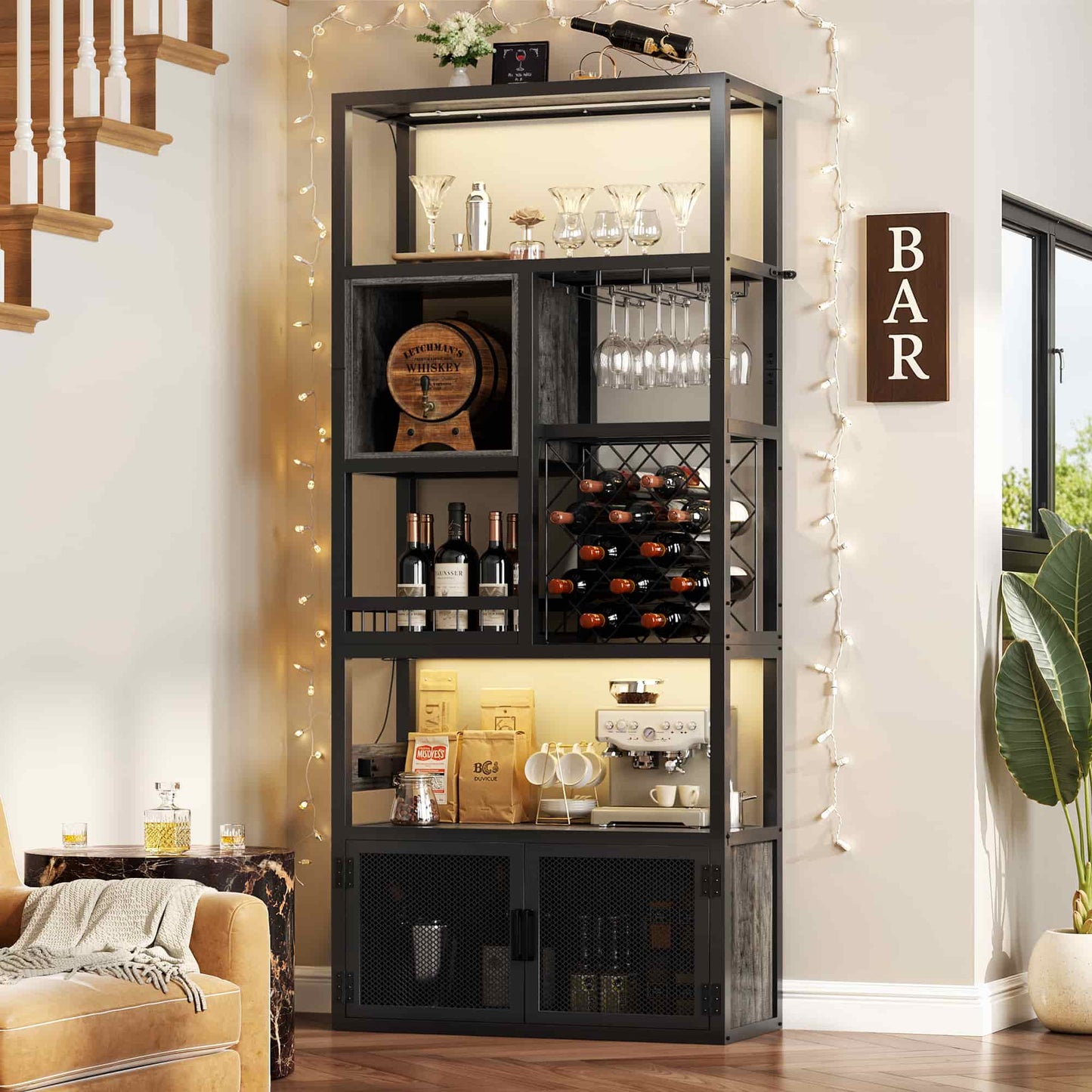 82.6" Tall Wine Bar Cabinet with LED Light and Outlets, 6-Tier Liquor Storage Cabinet with Glass Holder & Wine Rack