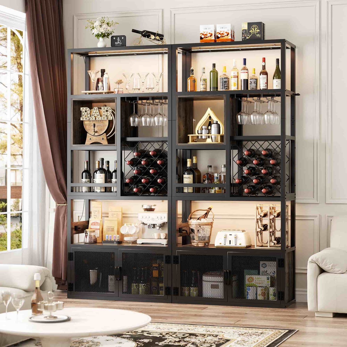 82.6" Tall Wine Bar Cabinet with LED Light and Outlets, 6-Tier Liquor Storage Cabinet with Glass Holder & Wine Rack