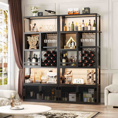 82.6" Tall Wine Bar Cabinet with LED Light and Outlets, 6-Tier Liquor Storage Cabinet with Glass Holder & Wine Rack